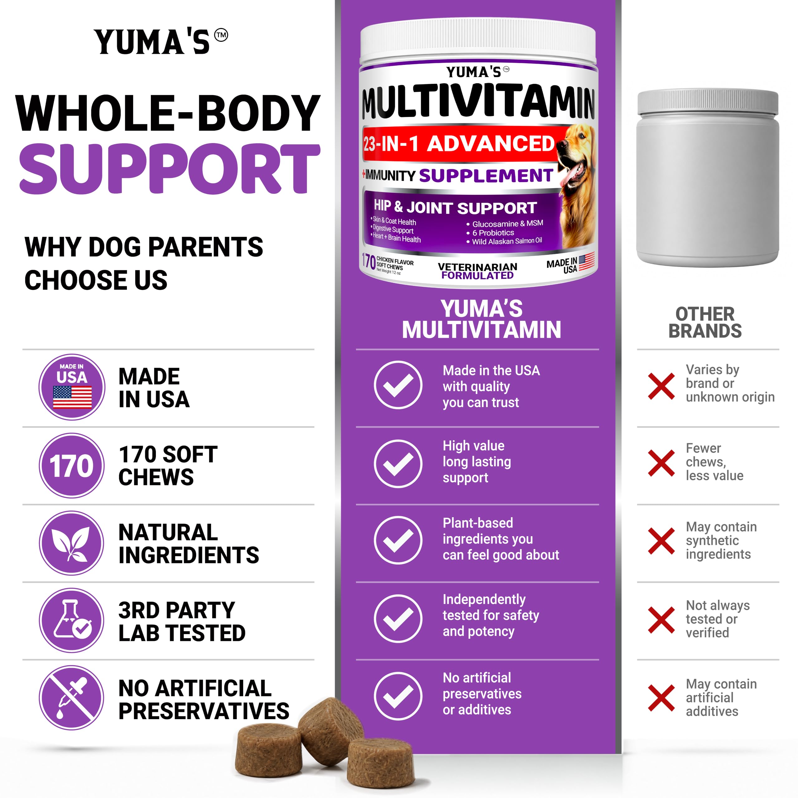 YUMA'S Dog Multivitamin Chews shown for dogs of different life stages.