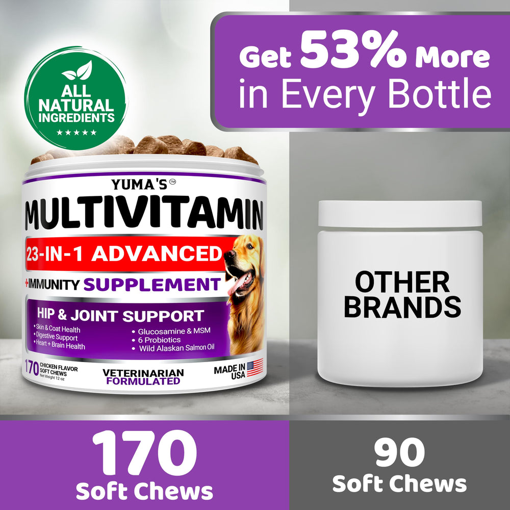 YUMA'S Dog Multivitamin Chews with a focus on six probiotics.