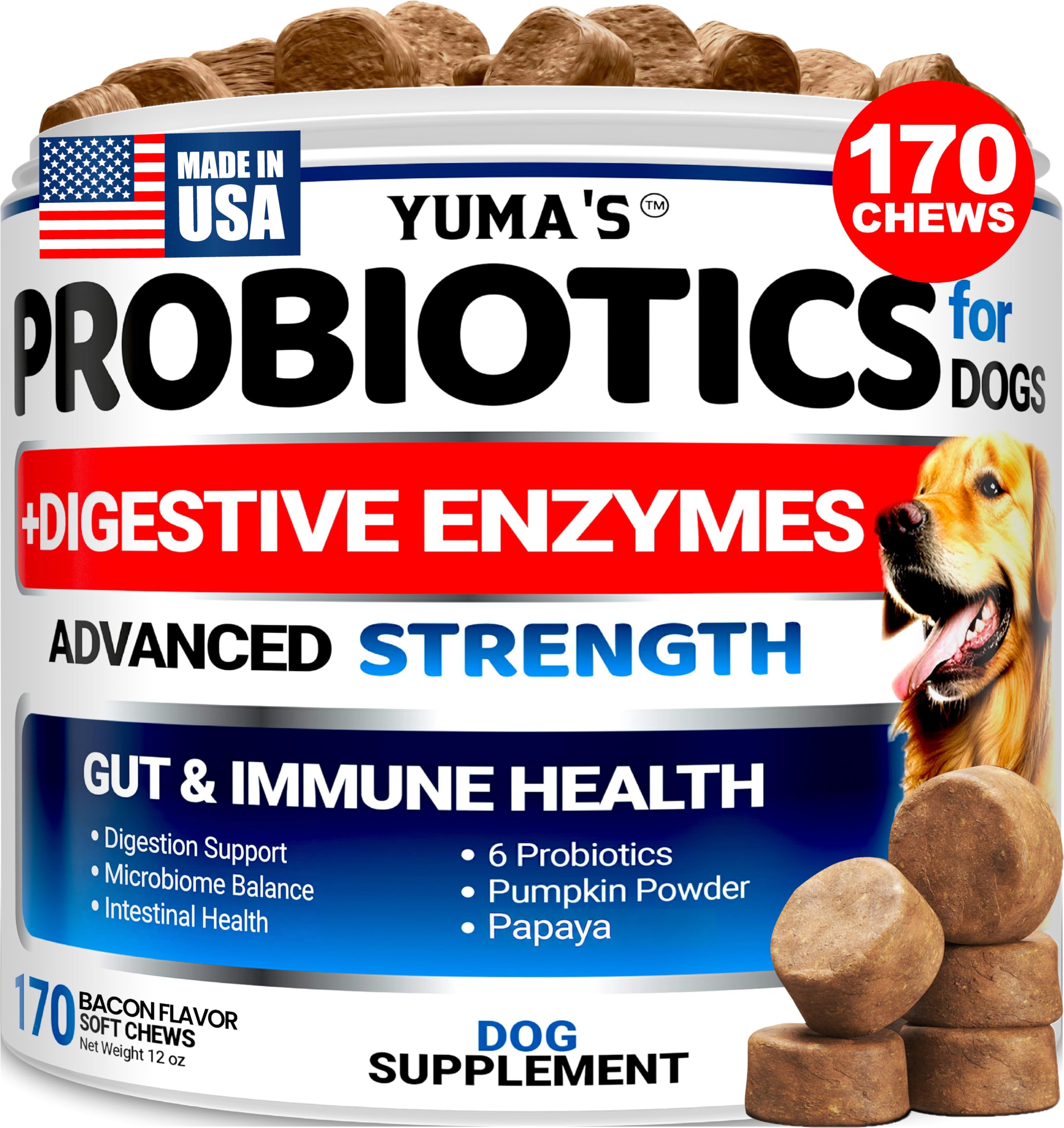 YUMA'S dog probiotic chews shown in a front-facing product view.