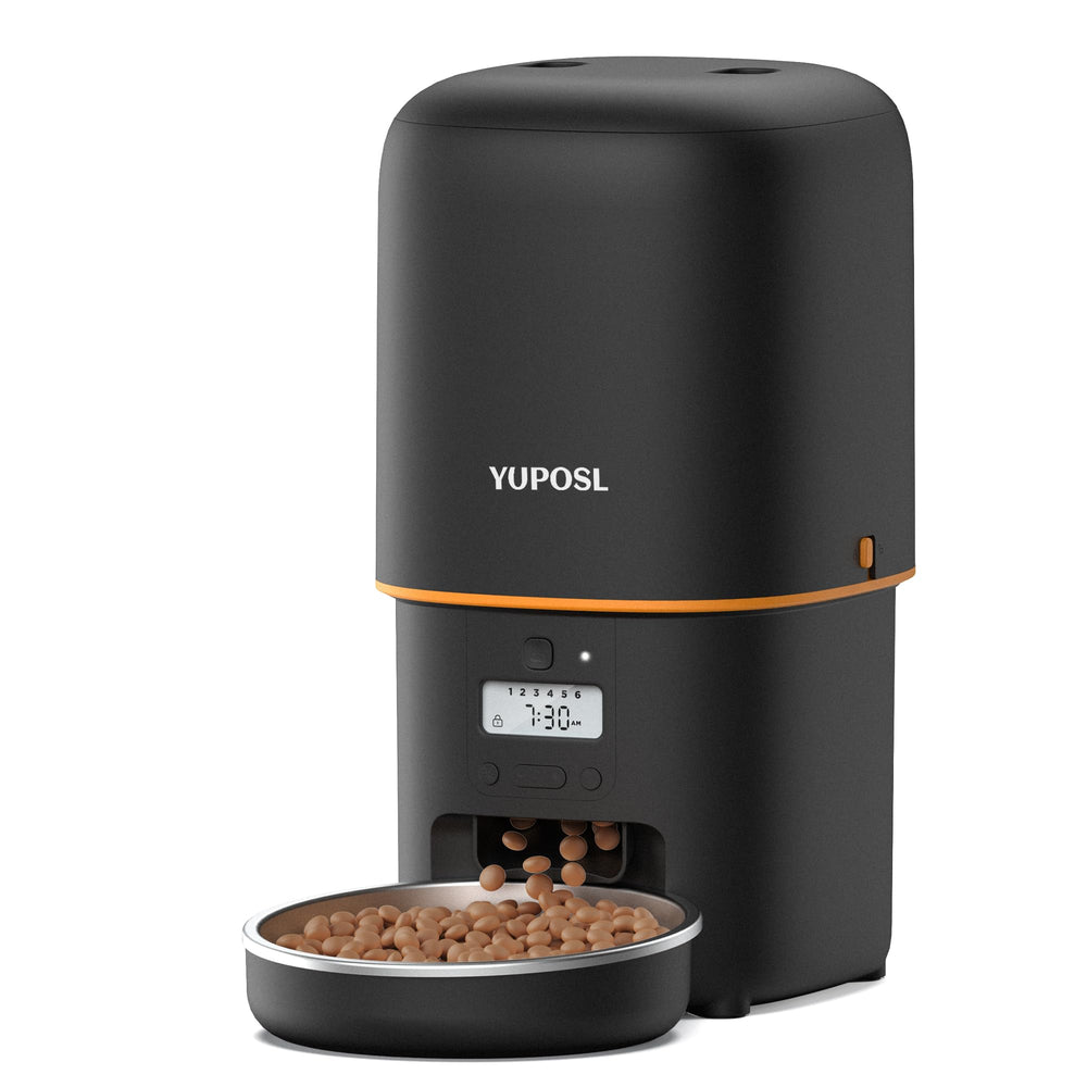 Yuposl automatic cat feeder shown from the front with its food hopper and bowl.