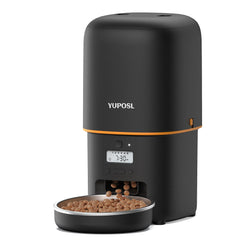 Yuposl automatic cat feeder shown from the front with its food hopper and bowl.