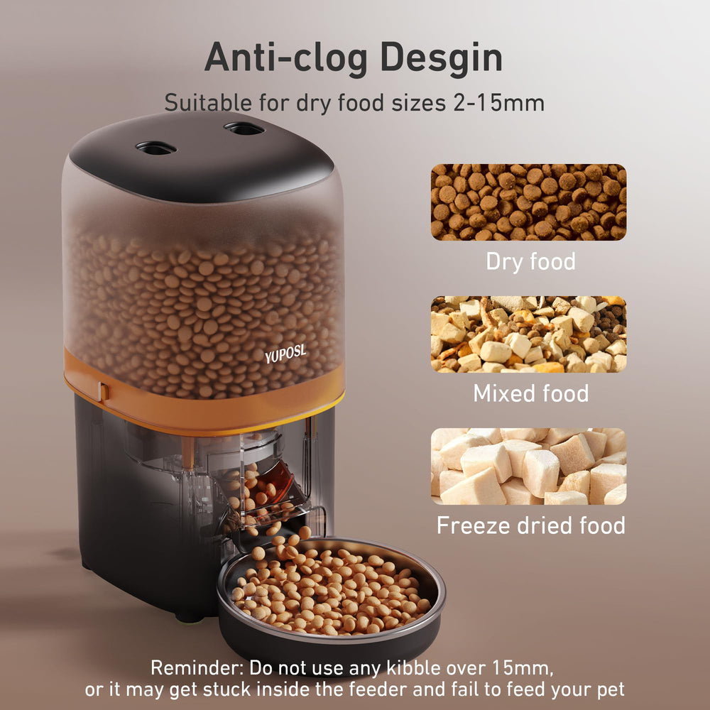 Yuposl automatic cat feeder dispensing outlet for dry kibble.