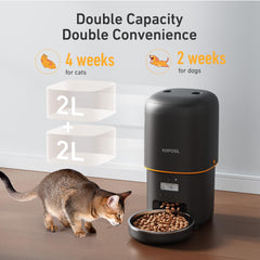 Yuposl automatic cat feeder LCD screen and buttons for setting meal schedules.