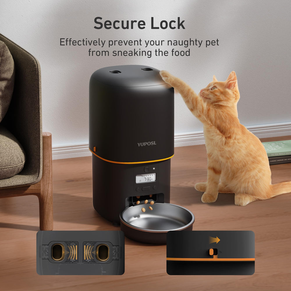 Yuposl automatic cat feeder shown with its battery and wall-power options.