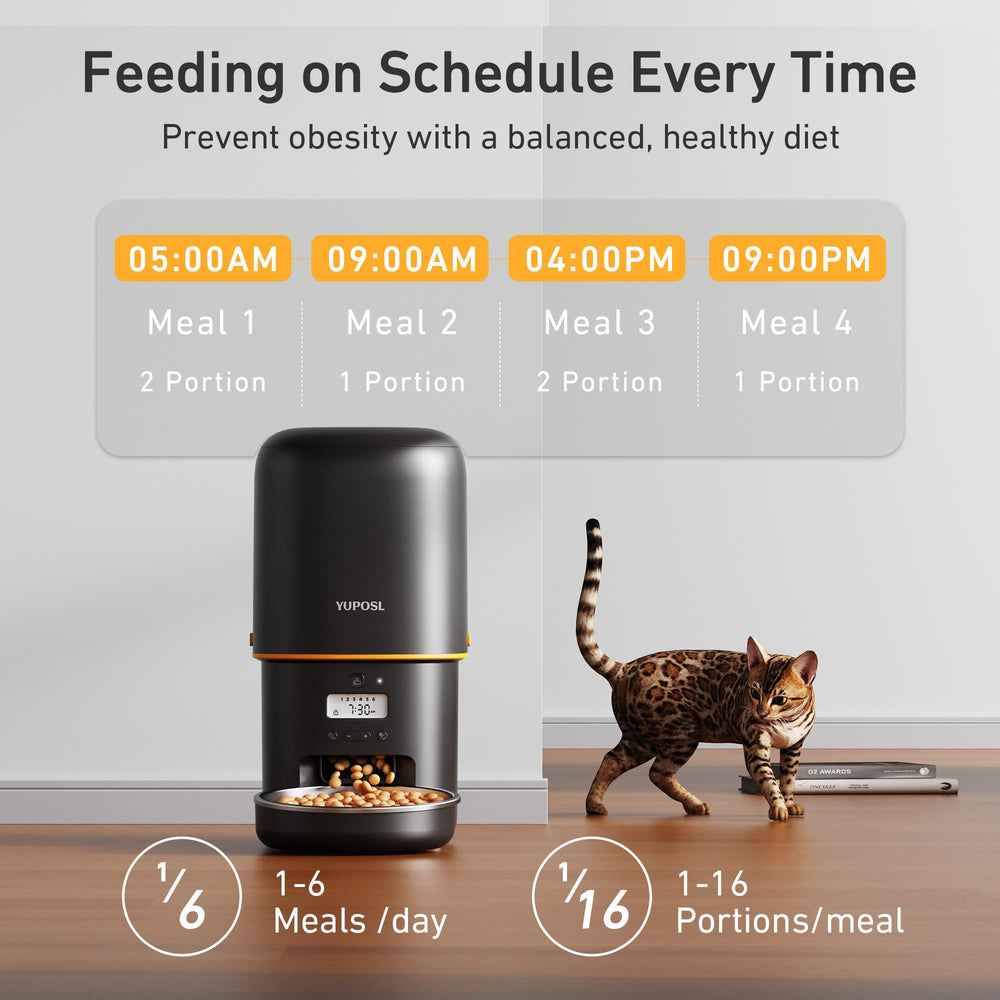 Yuposl automatic cat feeder food-grade stainless steel bowl shown in close-up.