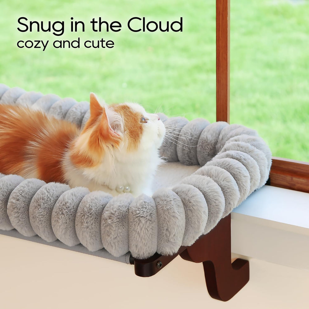 Zakkart cat window perch close-up showing the plush bed and four-sided bolsters.