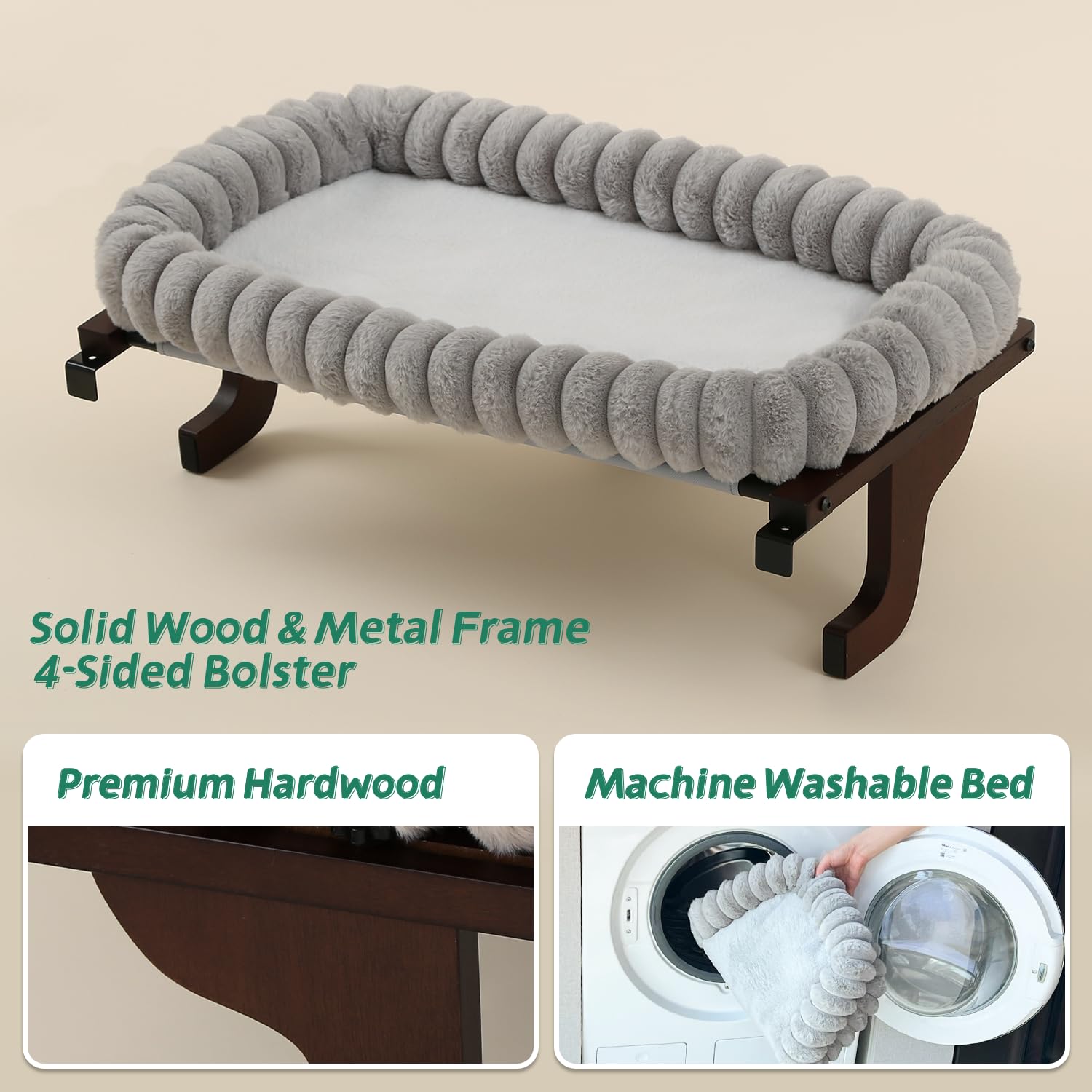 Zakkart cat window perch shown in its dark stained wood and gray color combination.