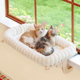Zakkart SnugCloud Cat Perch shown from the front with its cream-white bed and natural wood frame.