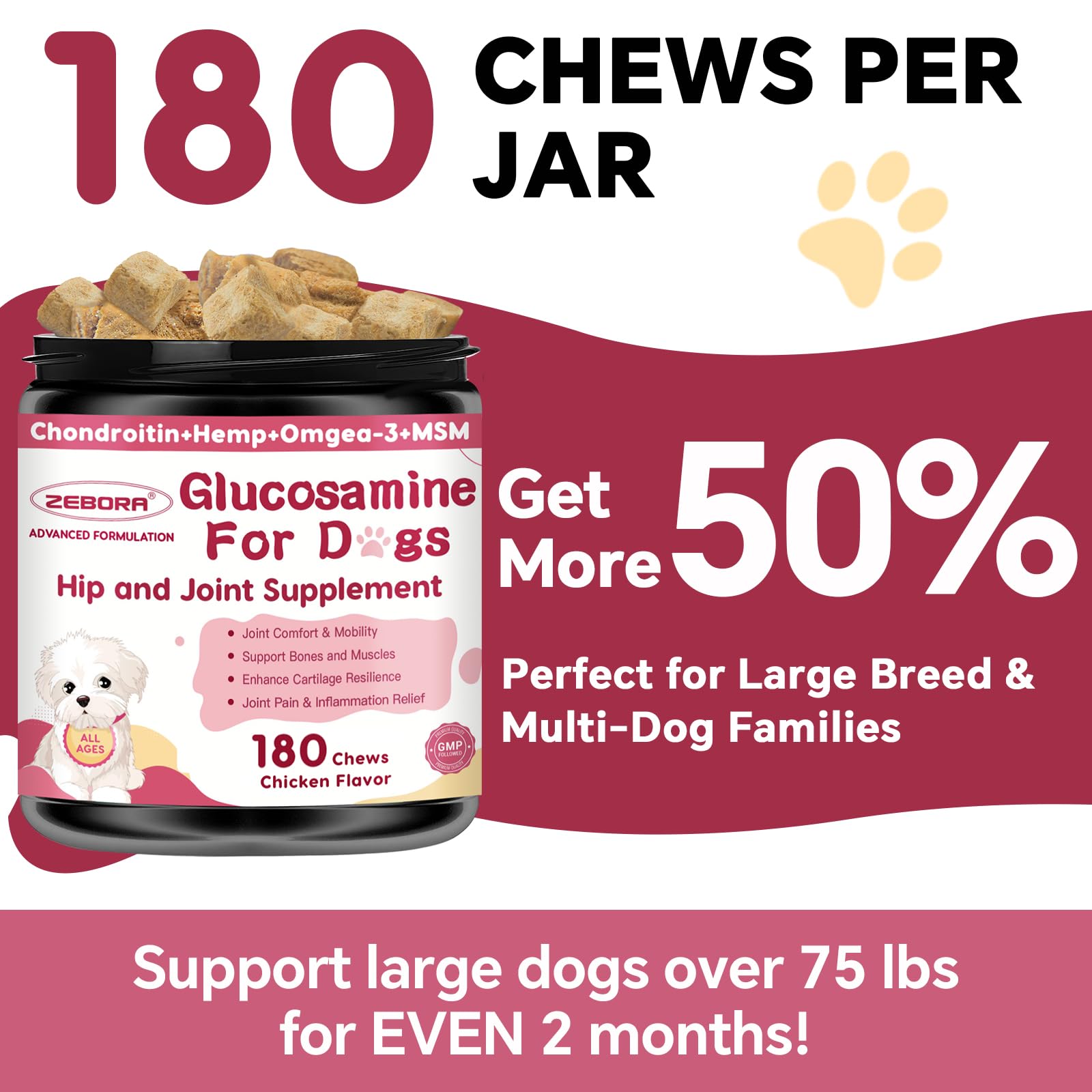 A dog taking a ZEBORA dog glucosamine chew as a treat.