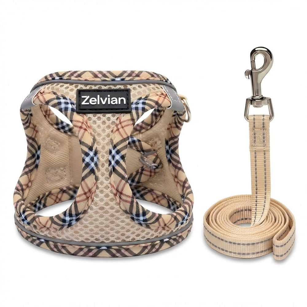 Zelvian cat harness showing its hook-and-loop closure and quick-release buckle.