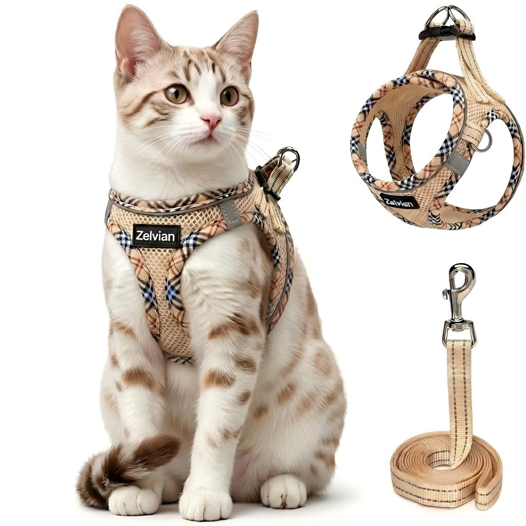 Zelvian cat harness shown from the front in beige.