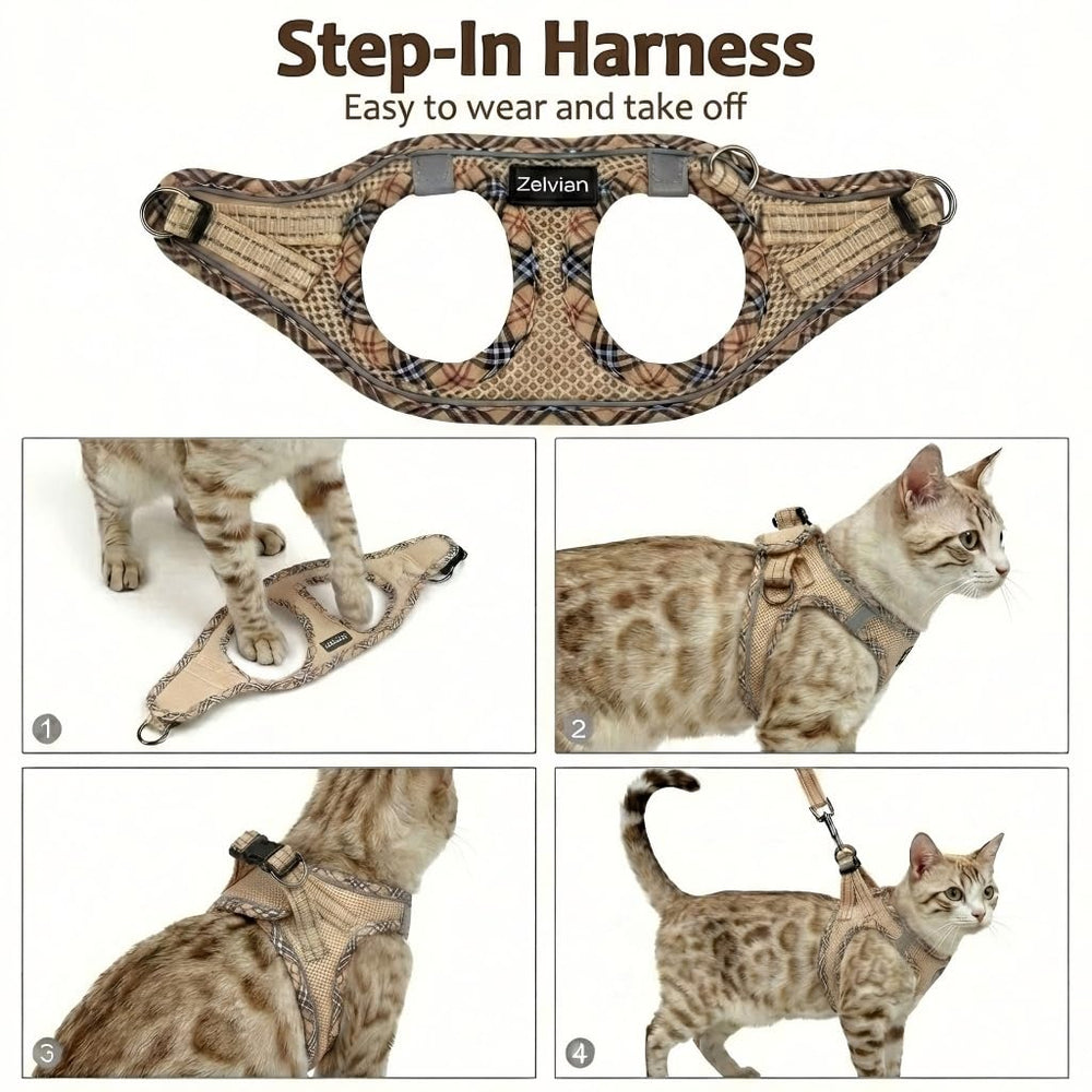 Zelvian cat harness and matching leash shown together.