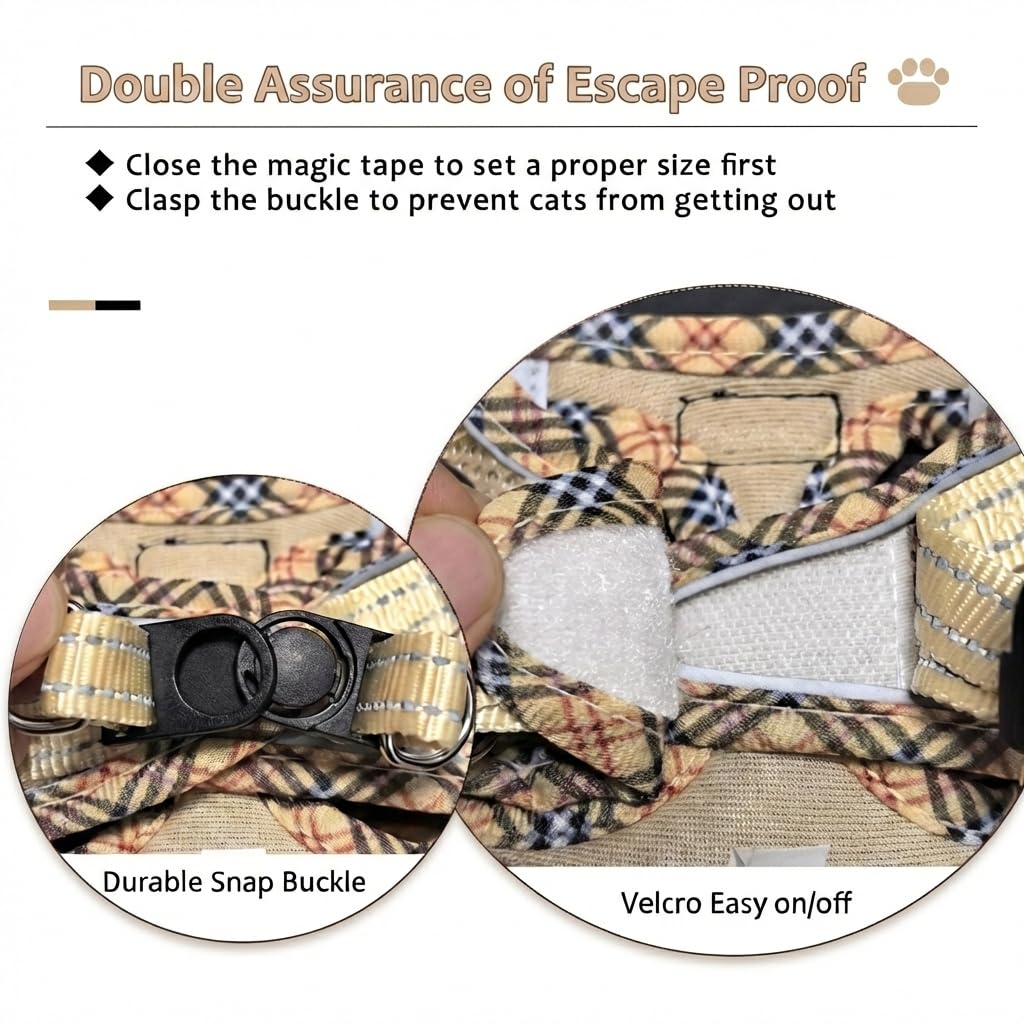 Zelvian cat harness leash with reflective stitching shown close up.