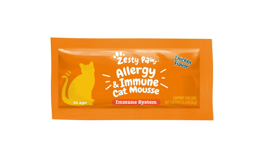 Zesty Paws Cat Allergy Relief chicken-flavored mousse packaging.