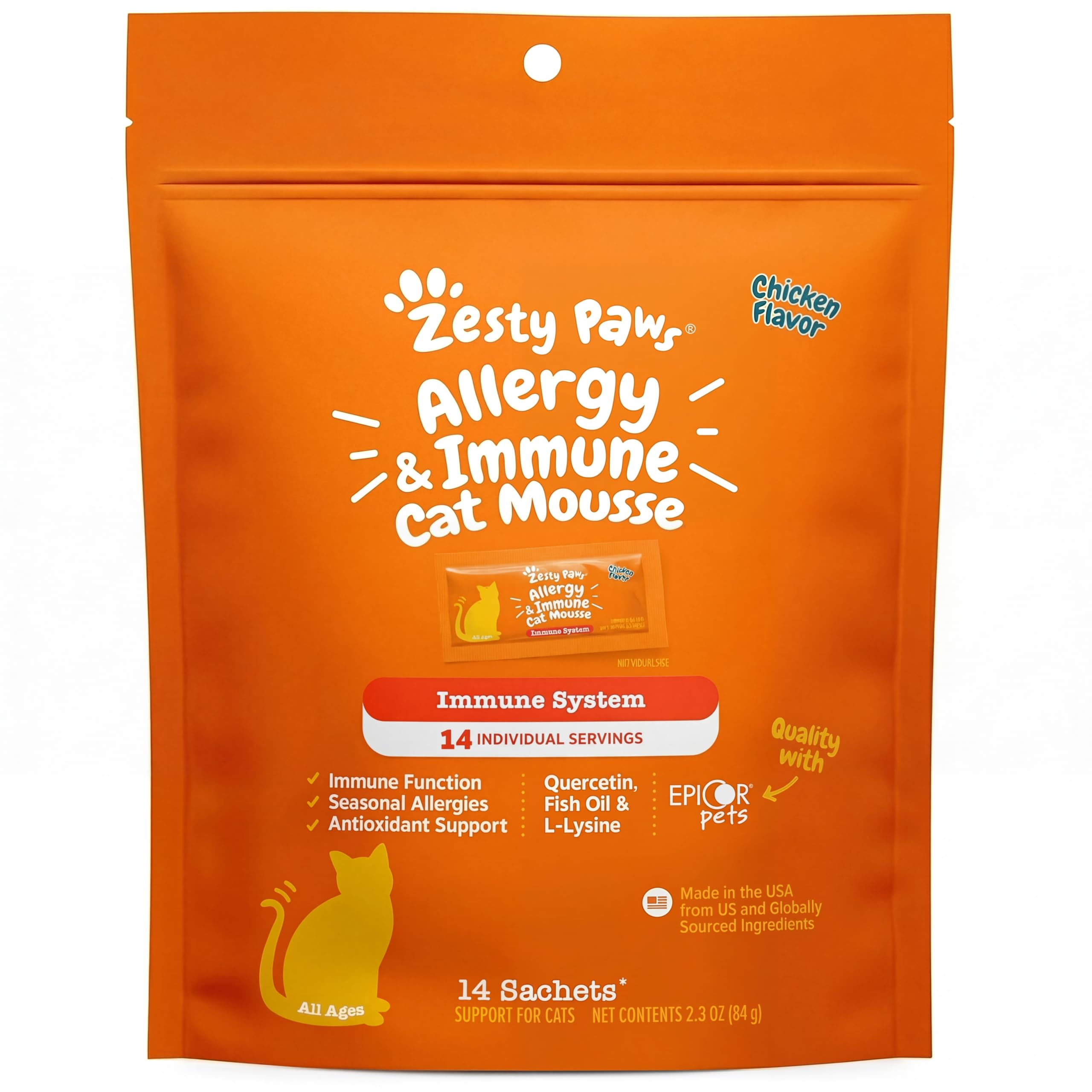Zesty Paws Cat Allergy Relief mousse package shown from the front.