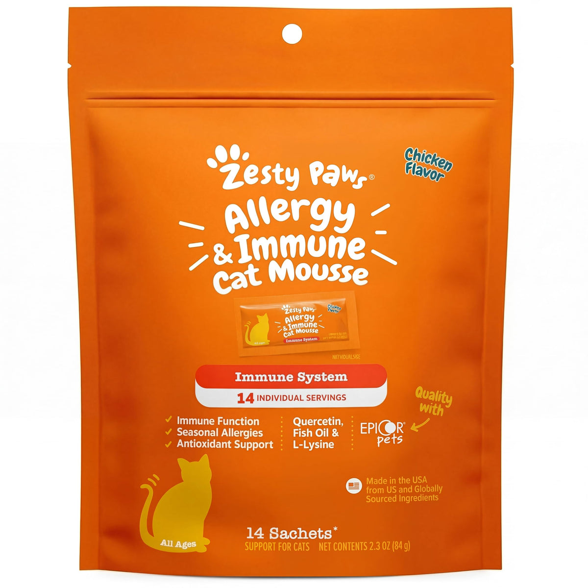 Zesty Paws Cat Allergy Relief mousse package shown from the front.