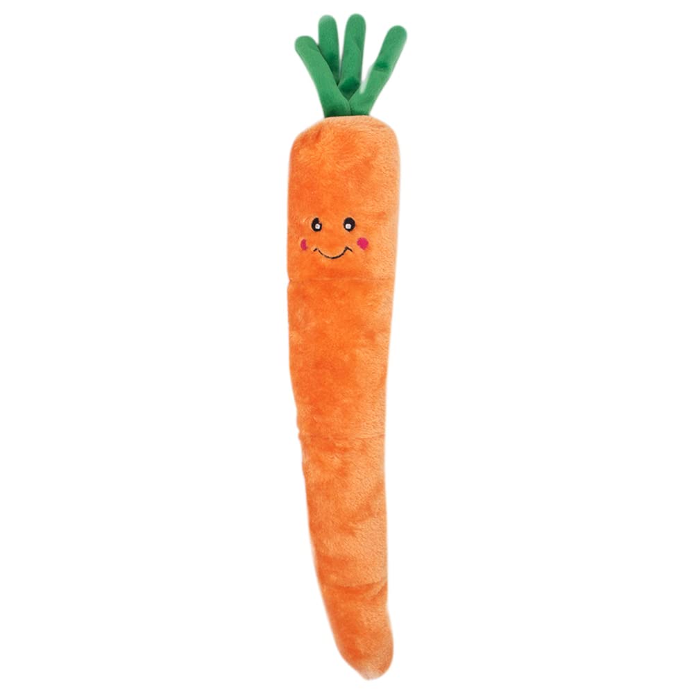 ZippyPaws Jigglerz dog toy in a carrot shape with embroidered stitched details.