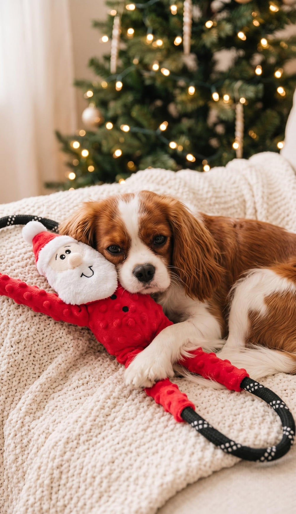 ZippyPaws RopeTugz Santa dog toy showing its plush section and climbing rope.