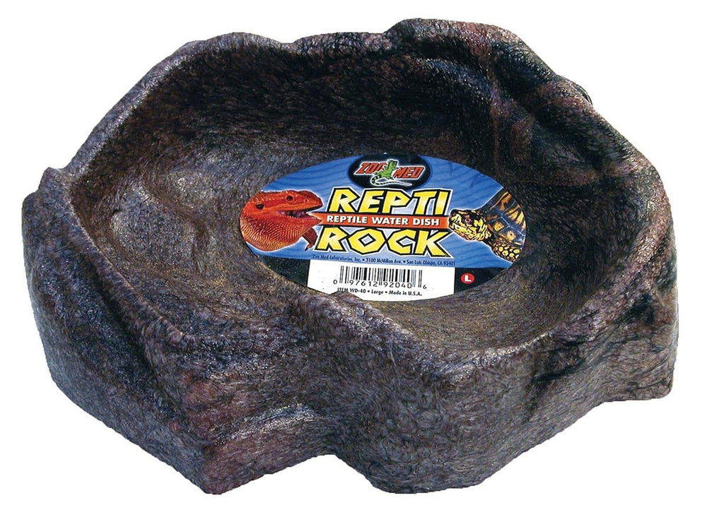 Zoo Med Reptile Rock Water Dish shown from the front with its realistic rock-style shape.