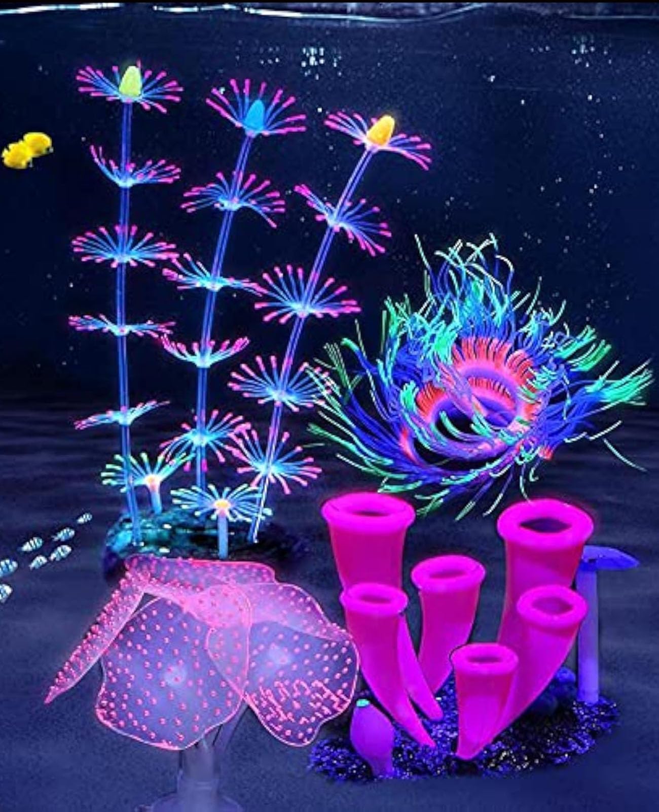 ZtohPyo aquarium decoration set showing four glowing coral and anemone ornaments.